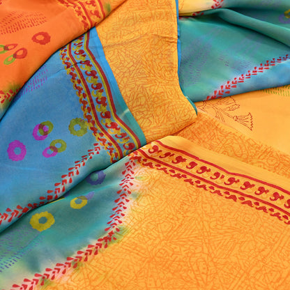 Indian Vintage Sari Saffron & Blue Pure Georgette Silk Printed Sarees Craft Fabric Sewing 5Yard Soft Light Dress Making Abstract