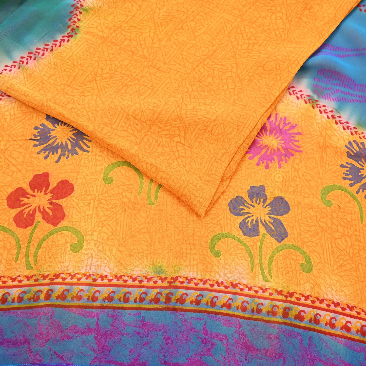 Indian Vintage Sari Saffron & Blue Pure Georgette Silk Printed Sarees Craft Fabric Sewing 5Yard Soft Light Dress Making Abstract
