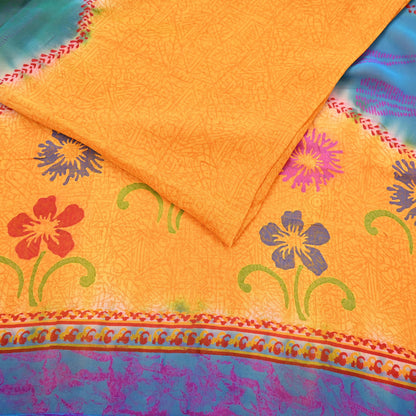 Indian Vintage Sari Saffron & Blue Pure Georgette Silk Printed Sarees Craft Fabric Sewing 5Yard Soft Light Dress Making Abstract