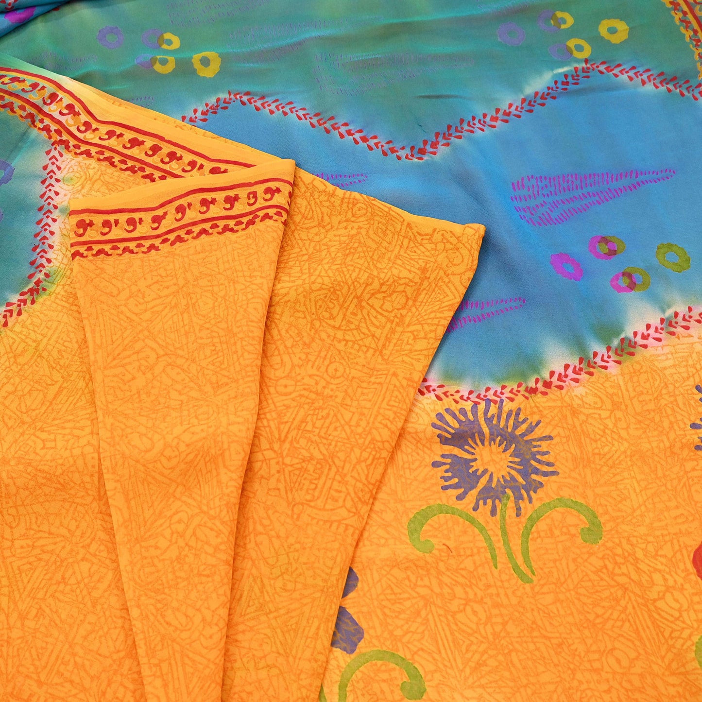 Indian Vintage Sari Saffron & Blue Pure Georgette Silk Printed Sarees Craft Fabric Sewing 5Yard Soft Light Dress Making Abstract