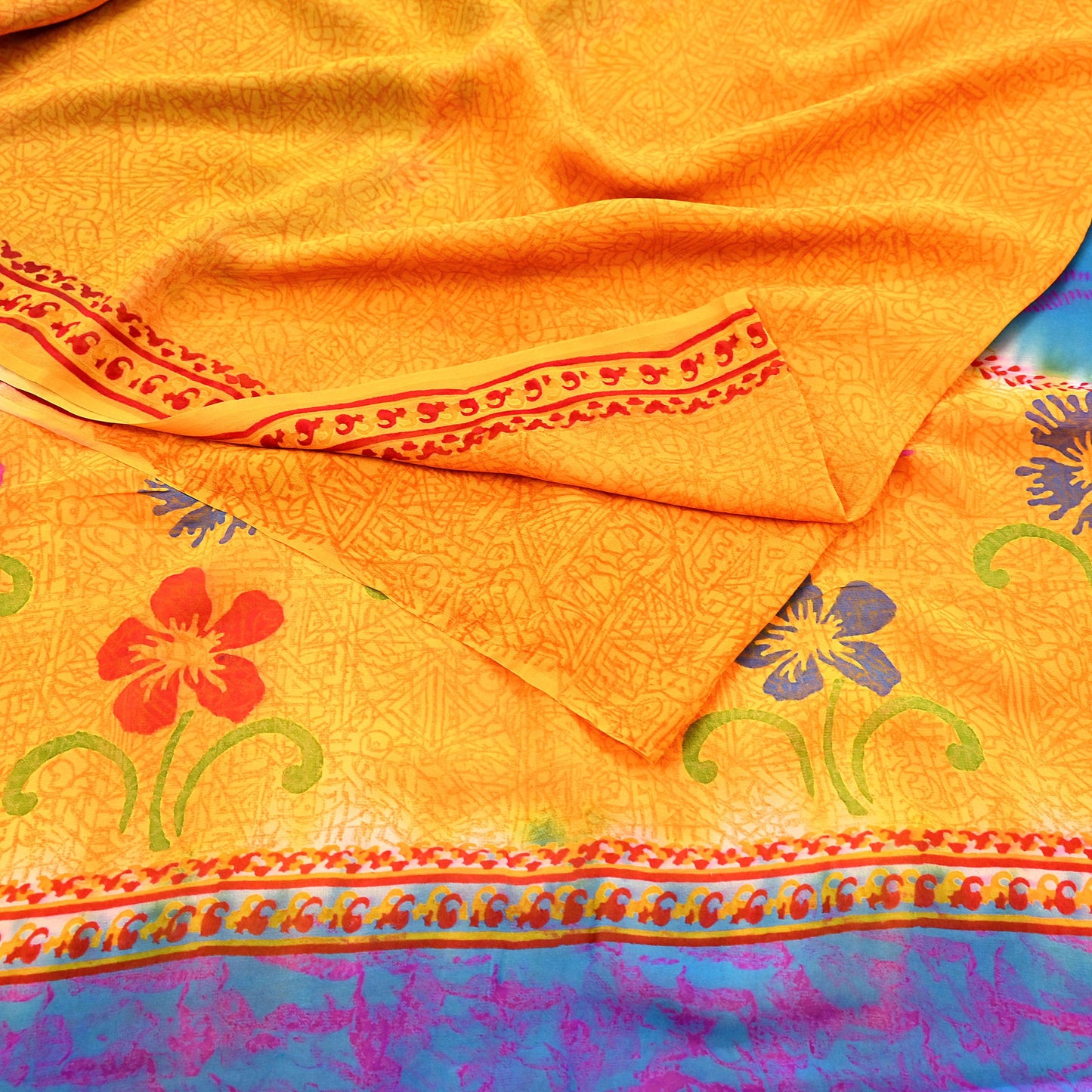 Indian Vintage Sari Saffron & Blue Pure Georgette Silk Printed Sarees Craft Fabric Sewing 5Yard Soft Light Dress Making Abstract