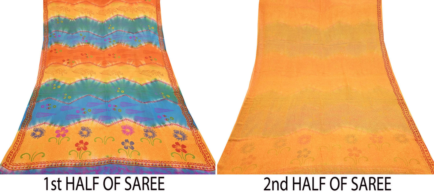Indian Vintage Sari Saffron & Blue Pure Georgette Silk Printed Sarees Craft Fabric Sewing 5Yard Soft Light Dress Making Abstract