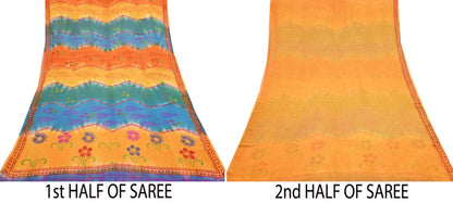 Indian Vintage Sari Saffron & Blue Pure Georgette Silk Printed Sarees Craft Fabric Sewing 5Yard Soft Light Dress Making Abstract