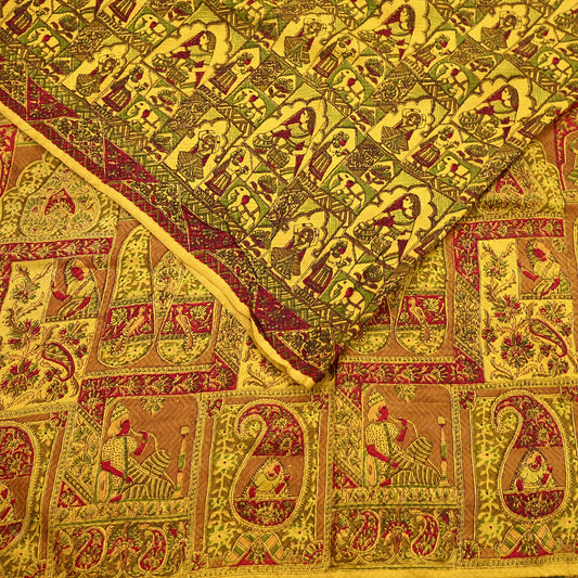 Indian Vintage Sari Yellow Pure Silk Printed Saree 6yd Sewing Craft Fabric DressMaking Soft Crafting Quilting Upcycle