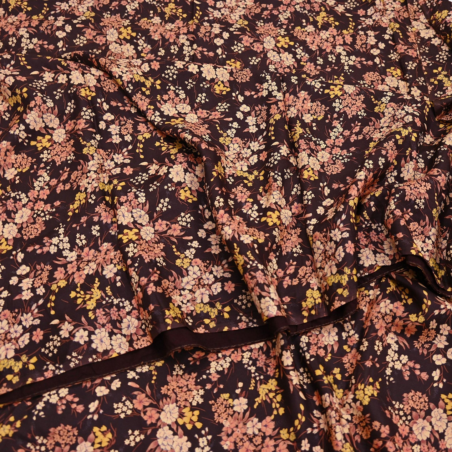 Indian Vintage Sari Brown Printed 100% Pure Silk Sarees 5yd Sewing Craft Fabric Soft Dress Making Wrap Floral Upcycle Quilting Crafting Used