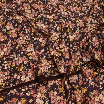 Indian Vintage Sari Brown Printed 100% Pure Silk Sarees 5yd Sewing Craft Fabric Soft Dress Making Wrap Floral Upcycle Quilting Crafting Used