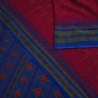 Indian Vintage Blue & Red Saree Ikat Printed Pure Cotton Sari Craft Fabric 5Yard Sewing Sarong Wrap Boho Dress Making Quilting Upcycle
