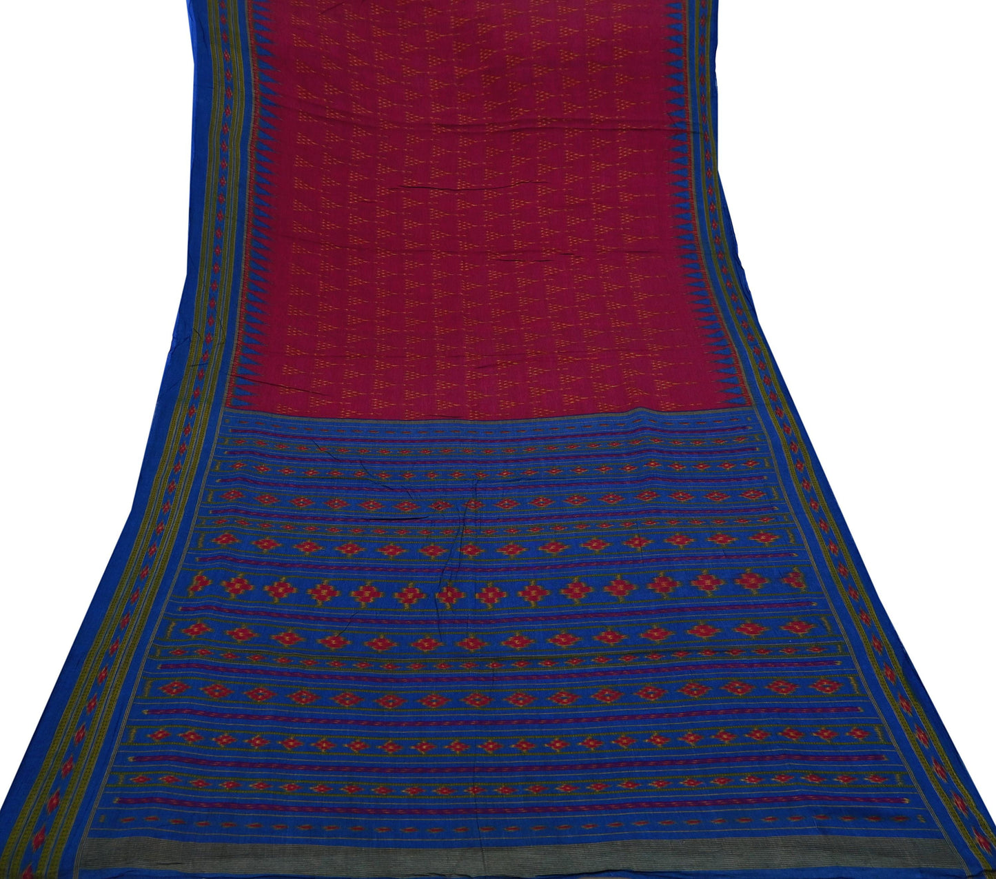 Indian Vintage Blue & Red Saree Ikat Printed Pure Cotton Sari Craft Fabric 5Yard Sewing Sarong Wrap Boho Dress Making Quilting Upcycle