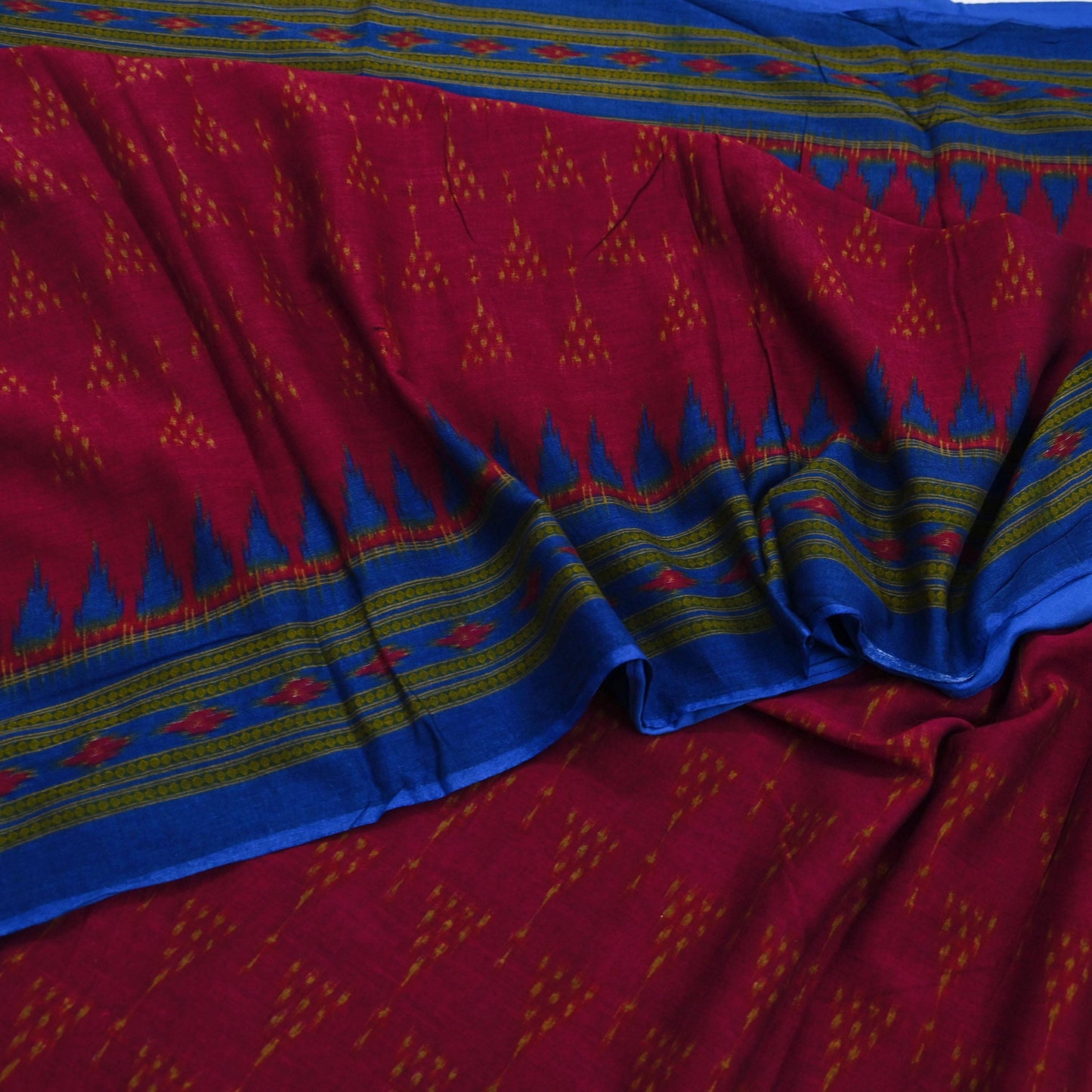 Indian Vintage Blue & Red Saree Ikat Printed Pure Cotton Sari Craft Fabric 5Yard Sewing Sarong Wrap Boho Dress Making Quilting Upcycle