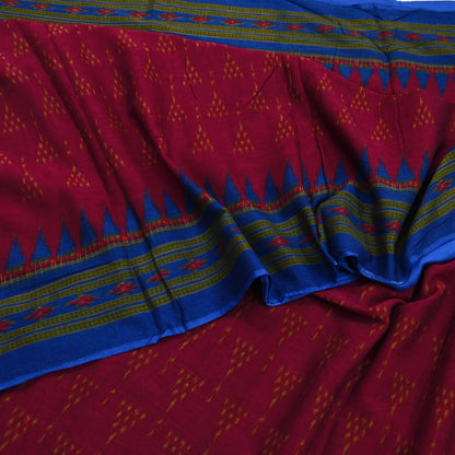 Indian Vintage Blue & Red Saree Ikat Printed Pure Cotton Sari Craft Fabric 5Yard Sewing Sarong Wrap Boho Dress Making Quilting Upcycle