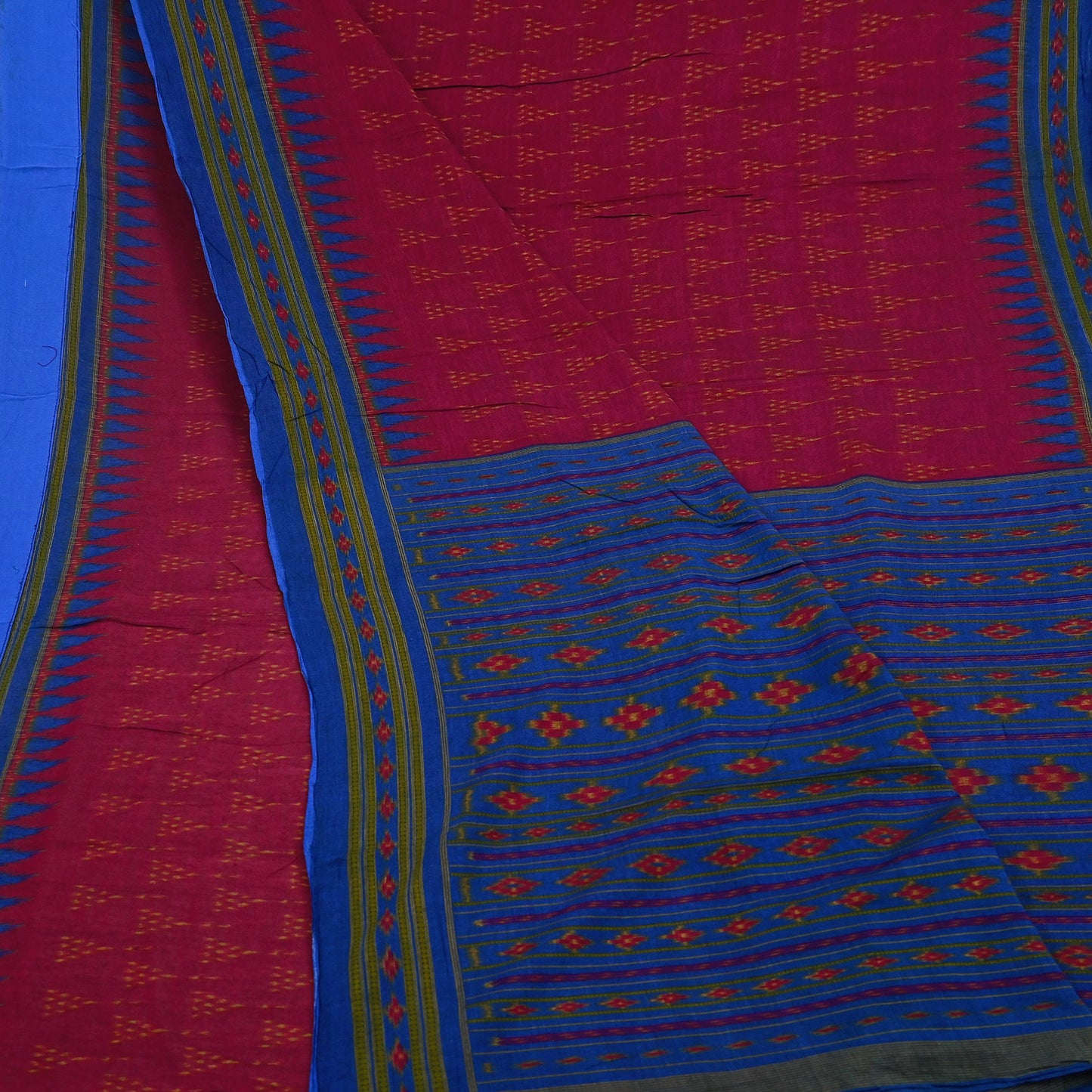 Indian Vintage Blue & Red Saree Ikat Printed Pure Cotton Sari Craft Fabric 5Yard Sewing Sarong Wrap Boho Dress Making Quilting Upcycle