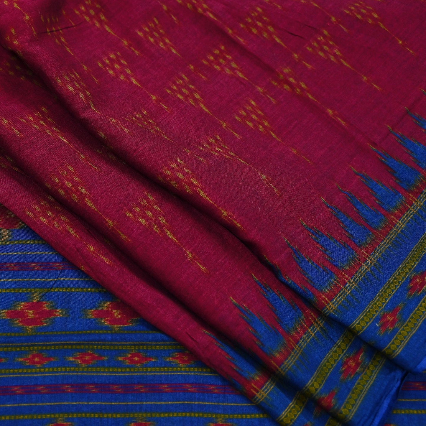 Indian Vintage Blue & Red Saree Ikat Printed Pure Cotton Sari Craft Fabric 5Yard Sewing Sarong Wrap Boho Dress Making Quilting Upcycle