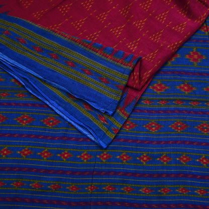 Indian Vintage Blue & Red Saree Ikat Printed Pure Cotton Sari Craft Fabric 5Yard Sewing Sarong Wrap Boho Dress Making Quilting Upcycle