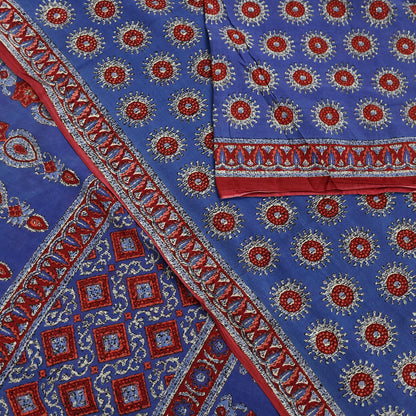 Indian Vintage Sari Purple Pure Cotton Block Printed Sarees Craft Fabric Soft 5Yd Sarong Wrap Boho Fabric Kimono Quilting Crafting Upcycle