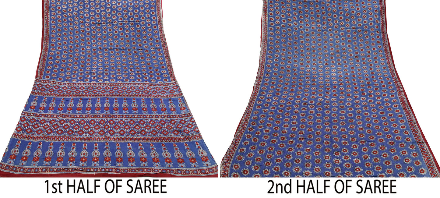 Indian Vintage Sari Purple Pure Cotton Block Printed Sarees Craft Fabric Soft 5Yd Sarong Wrap Boho Fabric Kimono Quilting Crafting Upcycle