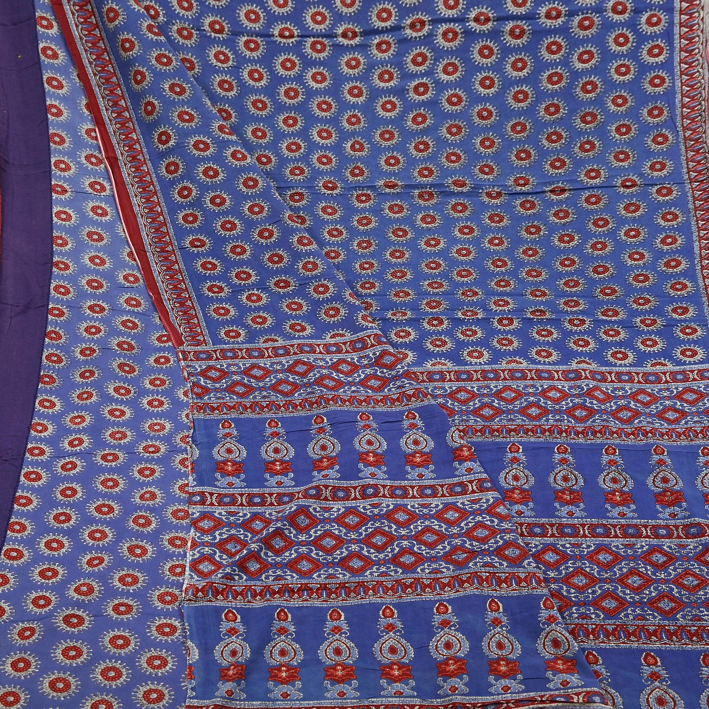 Indian Vintage Sari Purple Pure Cotton Block Printed Sarees Craft Fabric Soft 5Yd Sarong Wrap Boho Fabric Kimono Quilting Crafting Upcycle
