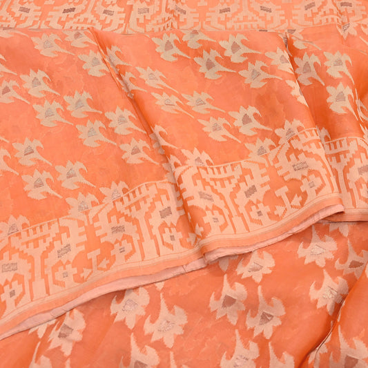 Indian Vintage Orange Saree Hand Woven 100% Pure Organza Silk Sari Fabric 5Yard Ethnic Floral Dressmaking Crafting Quilting