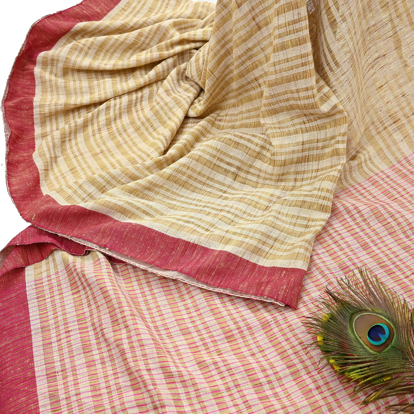 Indian Vintage Sari Beige Woven 100% Pure Cotton Sarees Craft Fabric 6Yd Stripes Upcycle Quilting Crafting Dress making Upcycle Boho Wrap