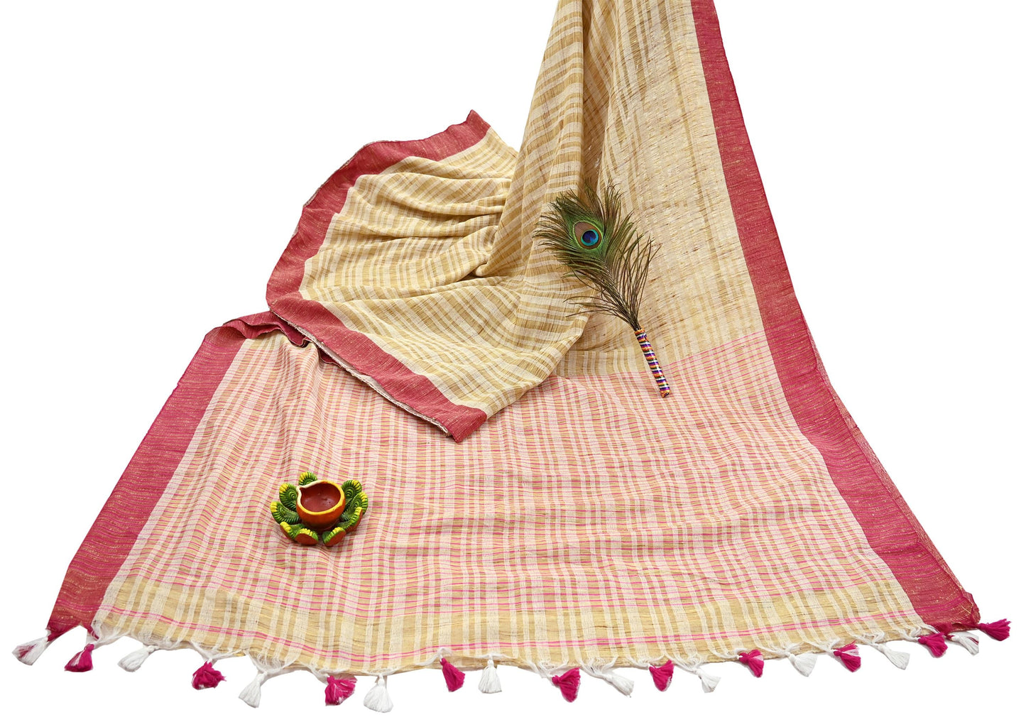 Indian Vintage Sari Beige Woven 100% Pure Cotton Sarees Craft Fabric 6Yd Stripes Upcycle Quilting Crafting Dress making Upcycle Boho Wrap