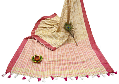 Indian Vintage Sari Beige Woven 100% Pure Cotton Sarees Craft Fabric 6Yd Stripes Upcycle Quilting Crafting Dress making Upcycle Boho Wrap