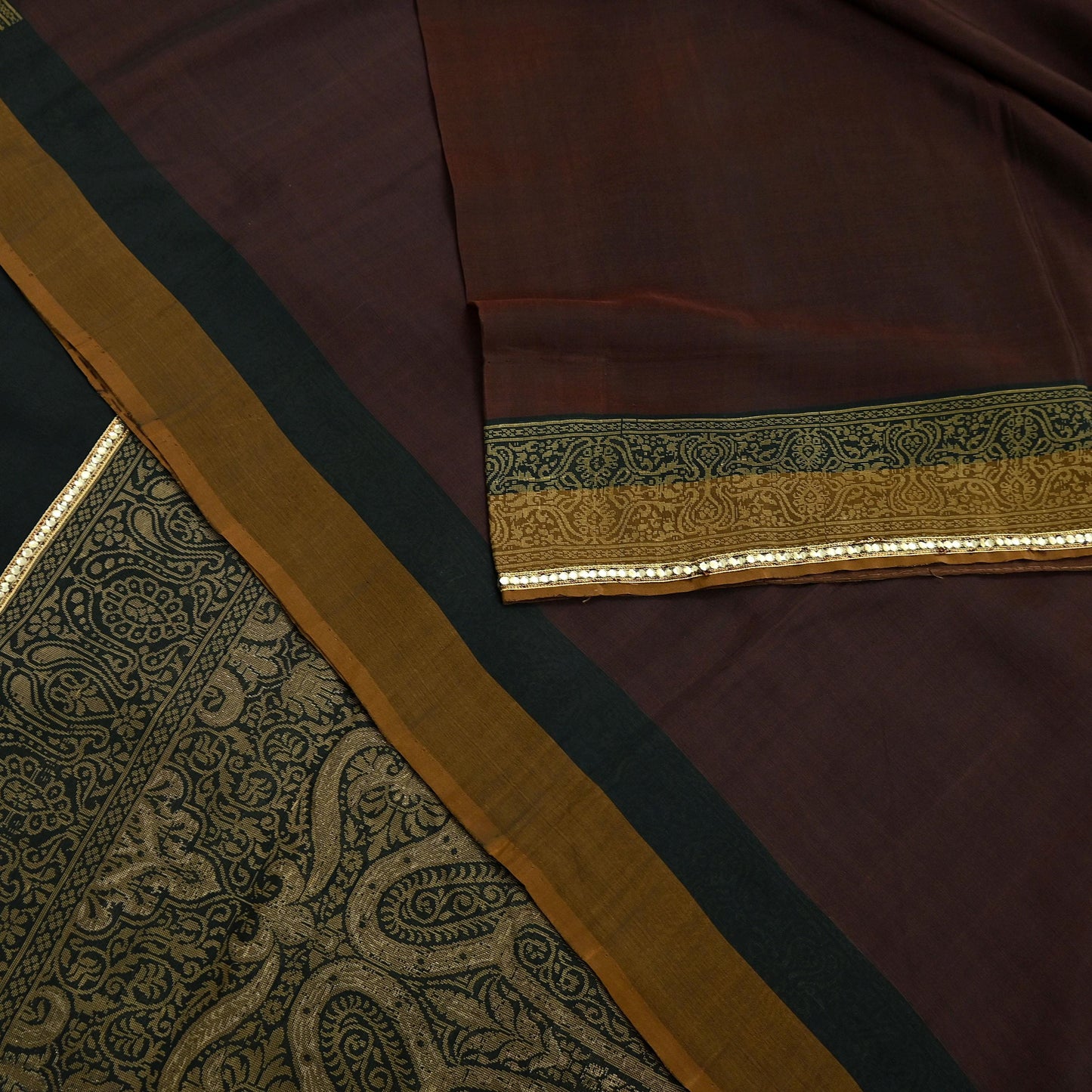 Indian Vintage Sari Brown & Black 100% Pure Silk Hand Woven Sarees Craft Fabric 5Yd Ethnic Sewing Dress making Crafting Quilting Upcycle