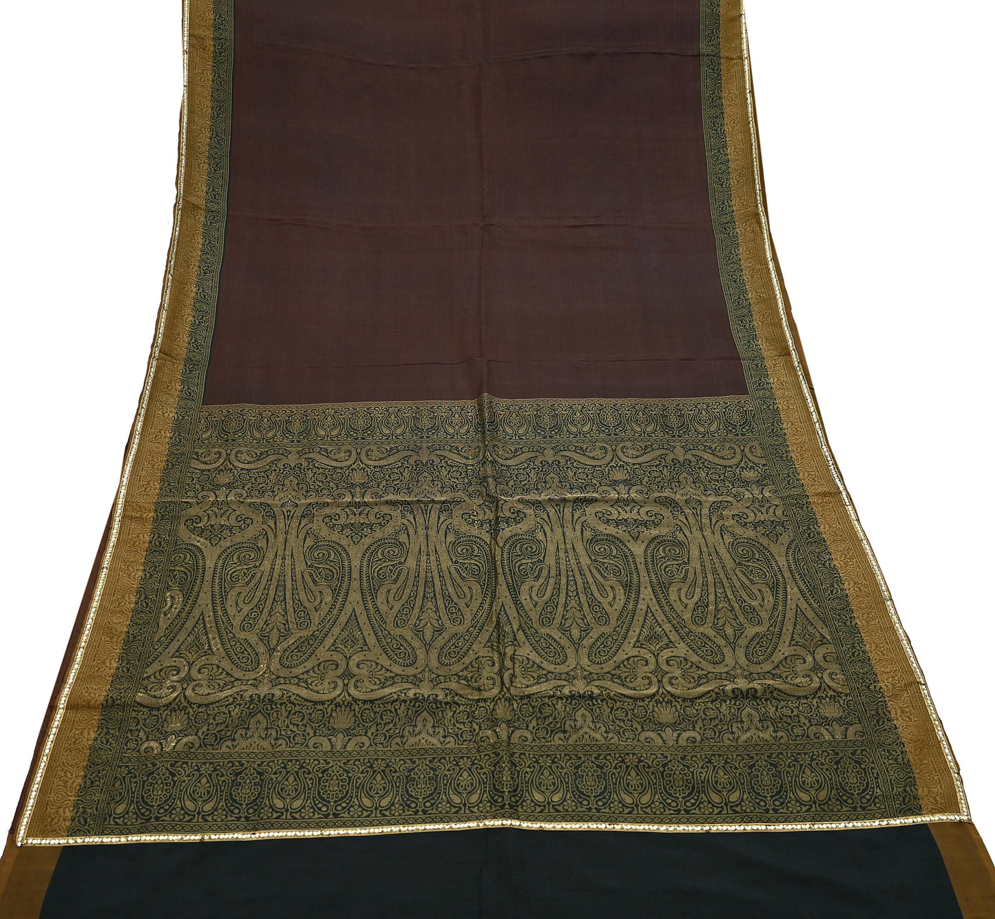 Indian Vintage Sari Brown & Black 100% Pure Silk Hand Woven Sarees Craft Fabric 5Yd Ethnic Sewing Dress making Crafting Quilting Upcycle