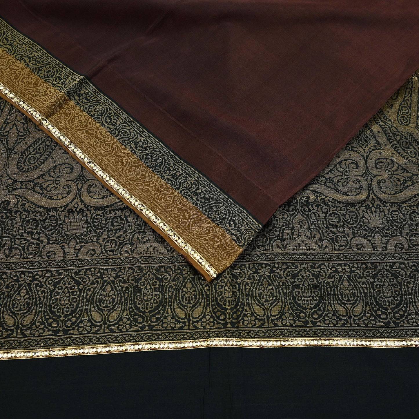 Indian Vintage Sari Brown & Black 100% Pure Silk Hand Woven Sarees Craft Fabric 5Yd Ethnic Sewing Dress making Crafting Quilting Upcycle