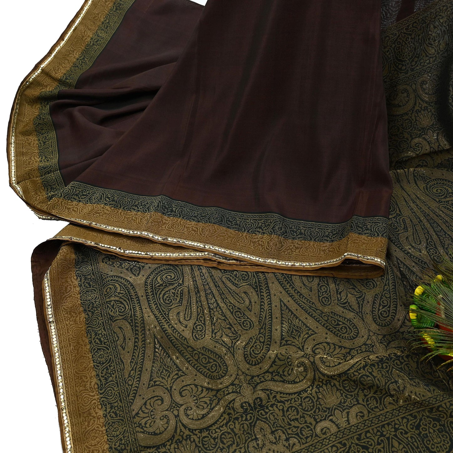 Indian Vintage Sari Brown & Black 100% Pure Silk Hand Woven Sarees Craft Fabric 5Yd Ethnic Sewing Dress making Crafting Quilting Upcycle