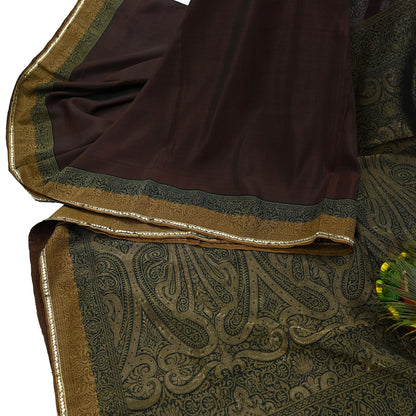 Indian Vintage Sari Brown & Black 100% Pure Silk Hand Woven Sarees Craft Fabric 5Yd Ethnic Sewing Dress making Crafting Quilting Upcycle