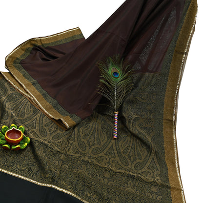 Indian Vintage Sari Brown & Black 100% Pure Silk Hand Woven Sarees Craft Fabric 5Yd Ethnic Sewing Dress making Crafting Quilting Upcycle