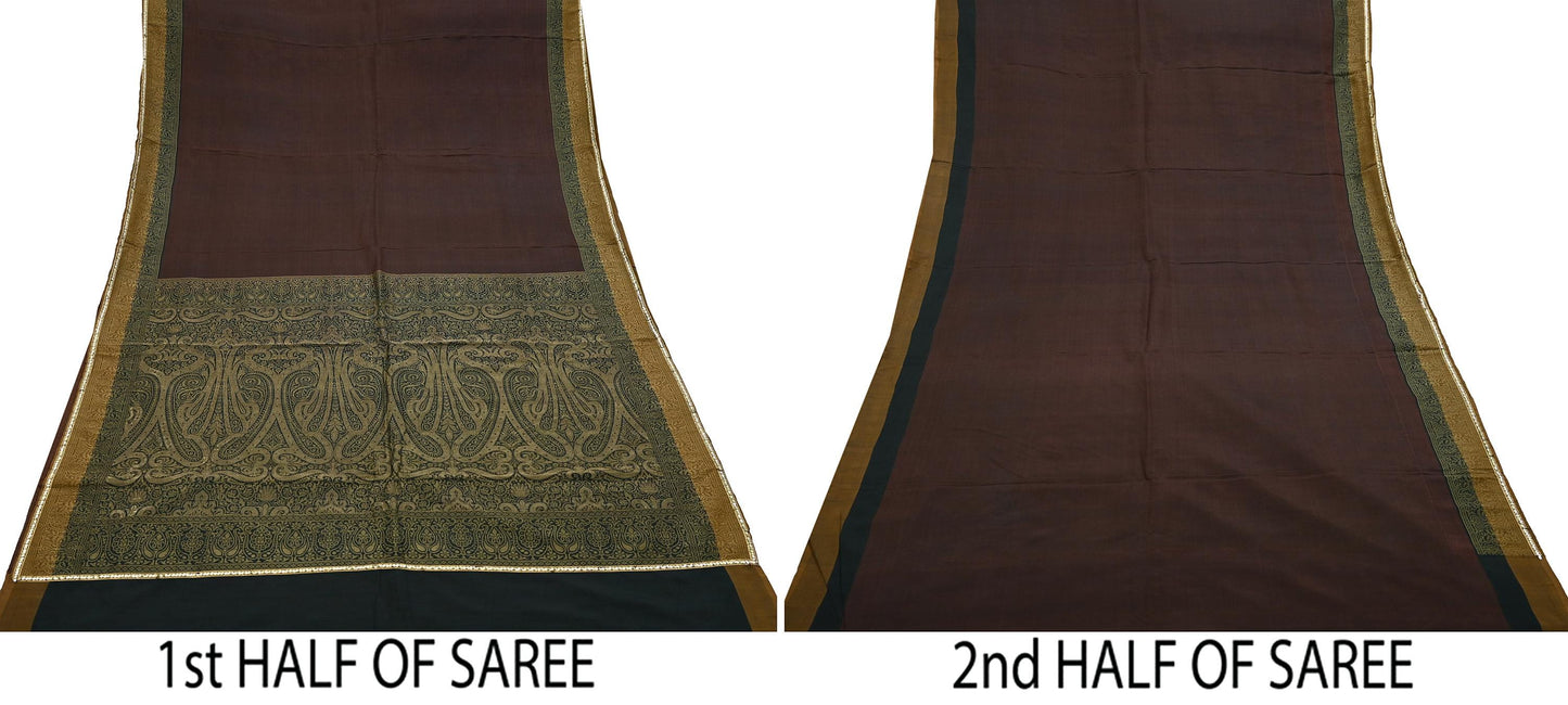 Indian Vintage Sari Brown & Black 100% Pure Silk Hand Woven Sarees Craft Fabric 5Yd Ethnic Sewing Dress making Crafting Quilting Upcycle