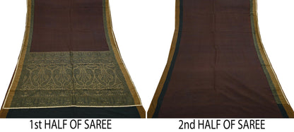 Indian Vintage Sari Brown & Black 100% Pure Silk Hand Woven Sarees Craft Fabric 5Yd Ethnic Sewing Dress making Crafting Quilting Upcycle