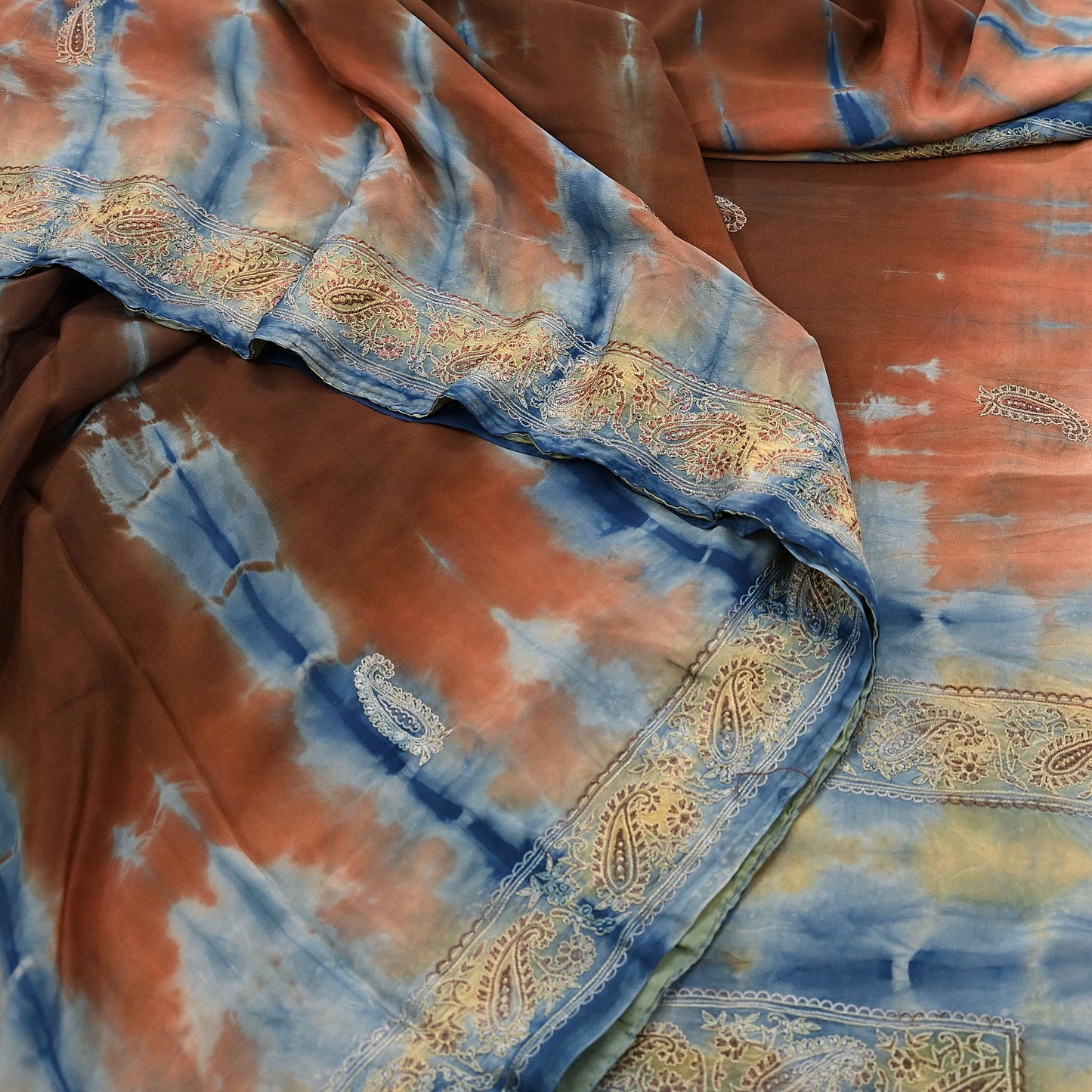 Indian Vintage Saree Pure Crepe Silk Hand Embroidered Tie-Dye Sari Fabric 6yard Sewing Craft Fabric Ethnic Dressmaking Crafting Zardozi Zari