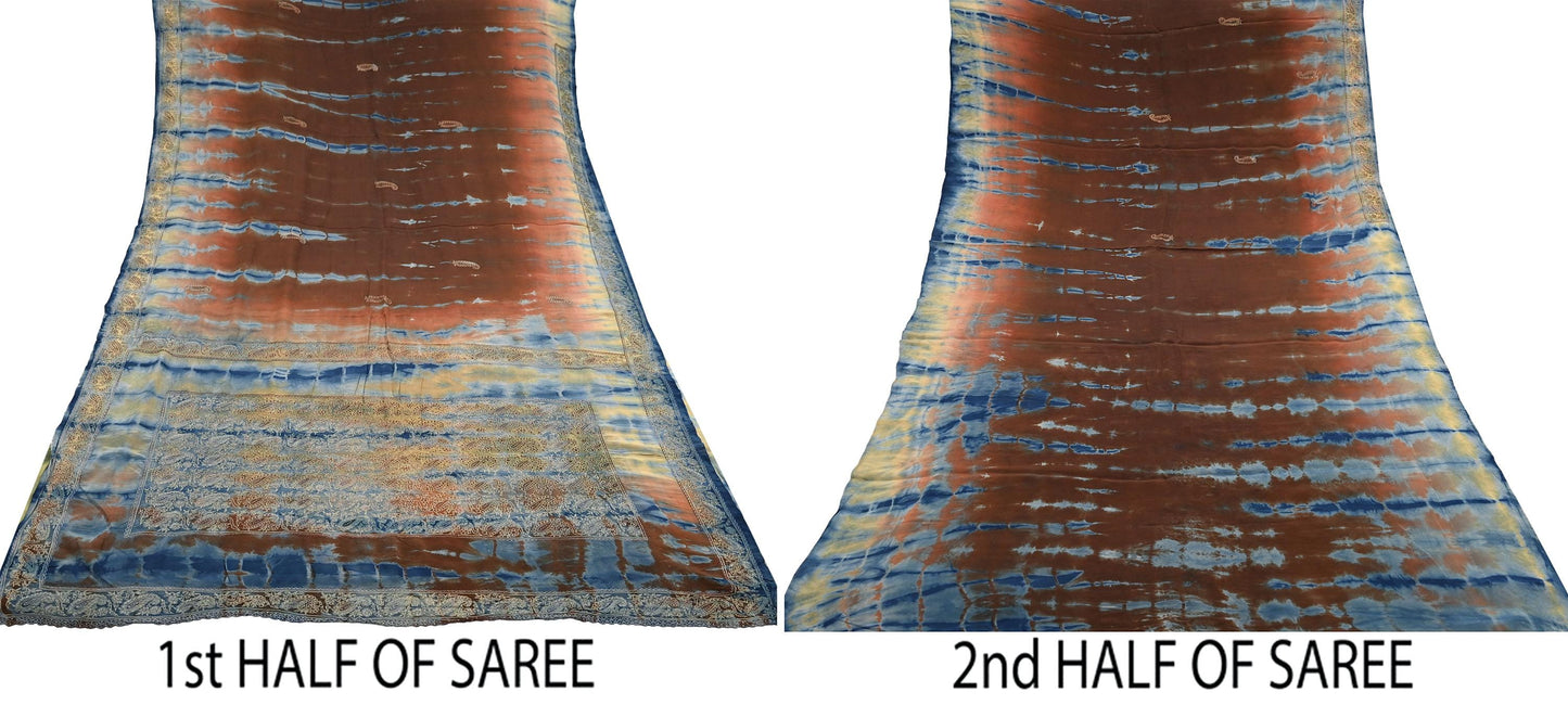 Indian Vintage Saree Pure Crepe Silk Hand Embroidered Tie-Dye Sari Fabric 6yard Sewing Craft Fabric Ethnic Dressmaking Crafting Zardozi Zari
