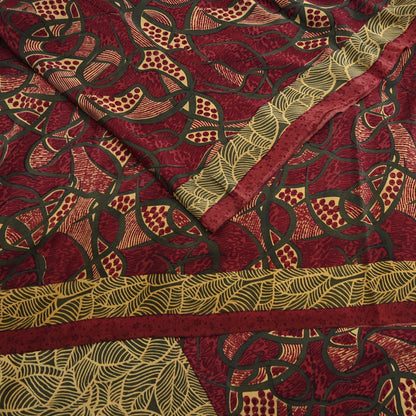 Indian Vintage Sari Maroon & Green Pure Crepe Silk Block Printed Saree 5yard Sewing Quilting Floral Soft Craft Fabric Wrap