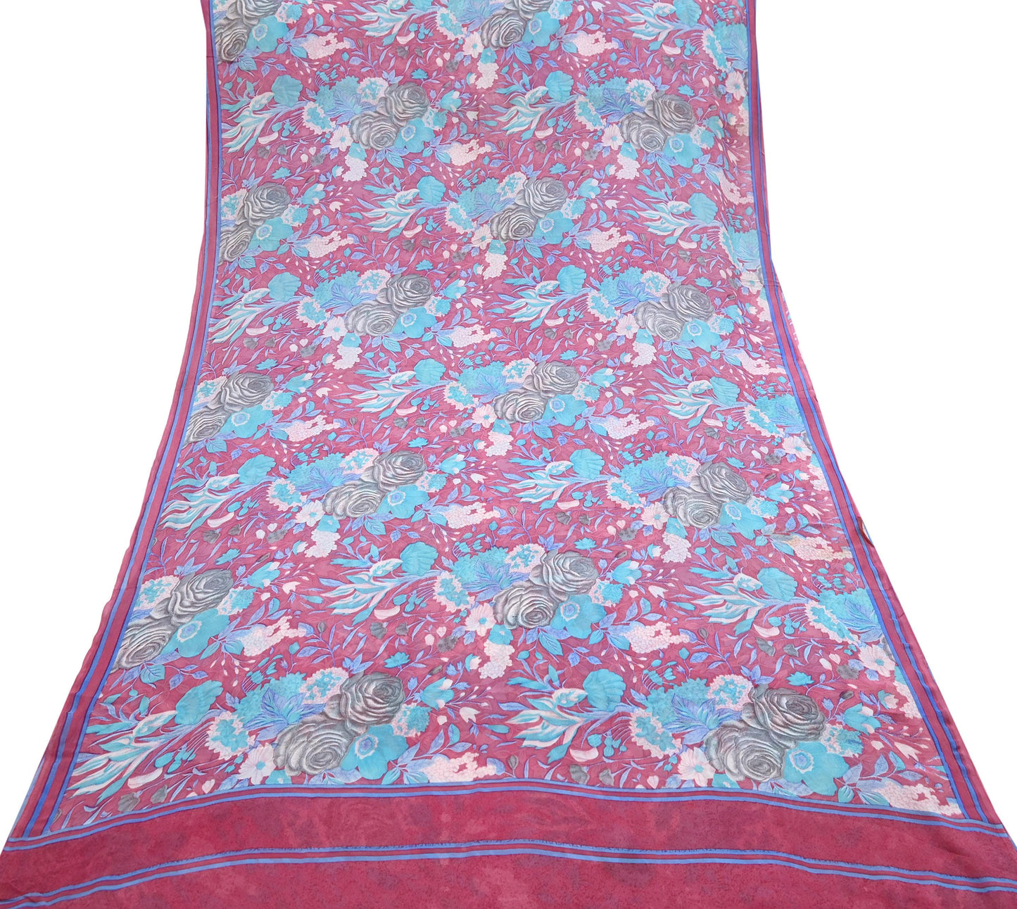 Indian Vintage Sari Pink Pure Georgette Silk Printed Saree Craft Fabric Sewing 6Yd Soft Light Dress Making Crafting Quilting Upcycle