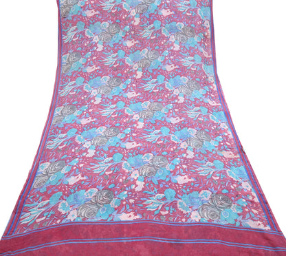 Indian Vintage Sari Pink Pure Georgette Silk Printed Saree Craft Fabric Sewing 6Yd Soft Light Dress Making Crafting Quilting Upcycle