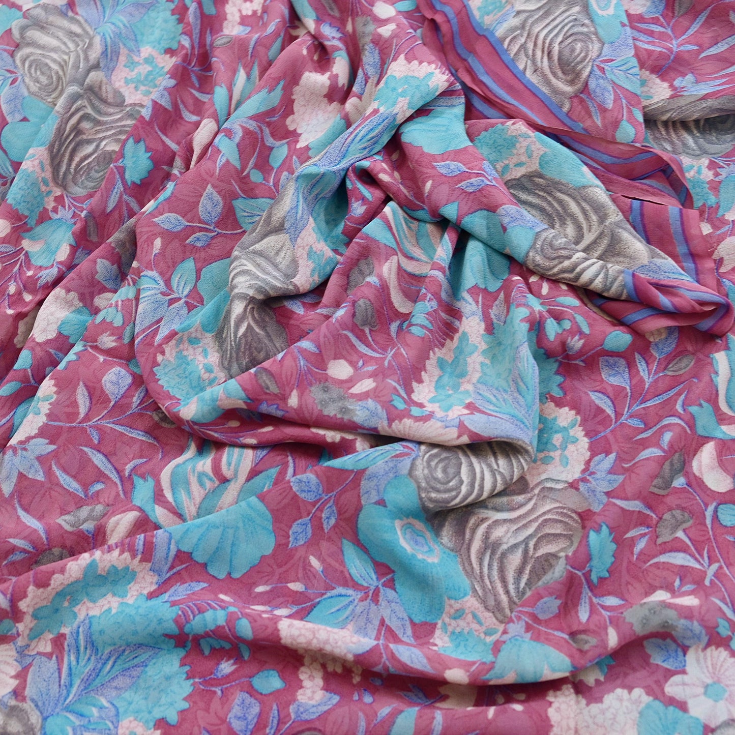 Indian Vintage Sari Pink Pure Georgette Silk Printed Saree Craft Fabric Sewing 6Yd Soft Light Dress Making Crafting Quilting Upcycle