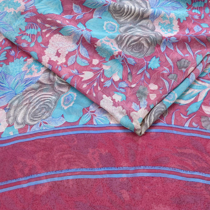 Indian Vintage Sari Pink Pure Georgette Silk Printed Saree Craft Fabric Sewing 6Yd Soft Light Dress Making Crafting Quilting Upcycle