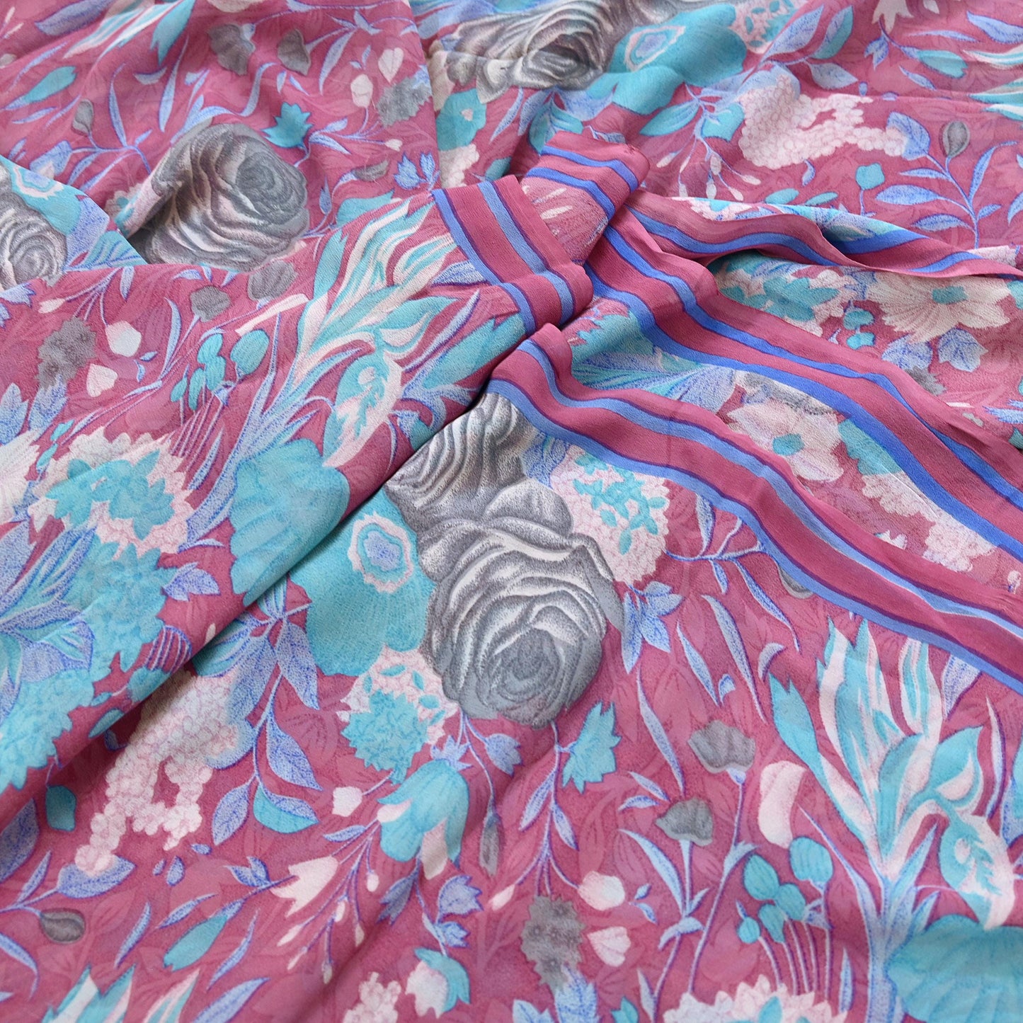 Indian Vintage Sari Pink Pure Georgette Silk Printed Saree Craft Fabric Sewing 6Yd Soft Light Dress Making Crafting Quilting Upcycle