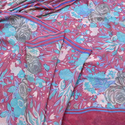 Indian Vintage Sari Pink Pure Georgette Silk Printed Saree Craft Fabric Sewing 6Yd Soft Light Dress Making Crafting Quilting Upcycle