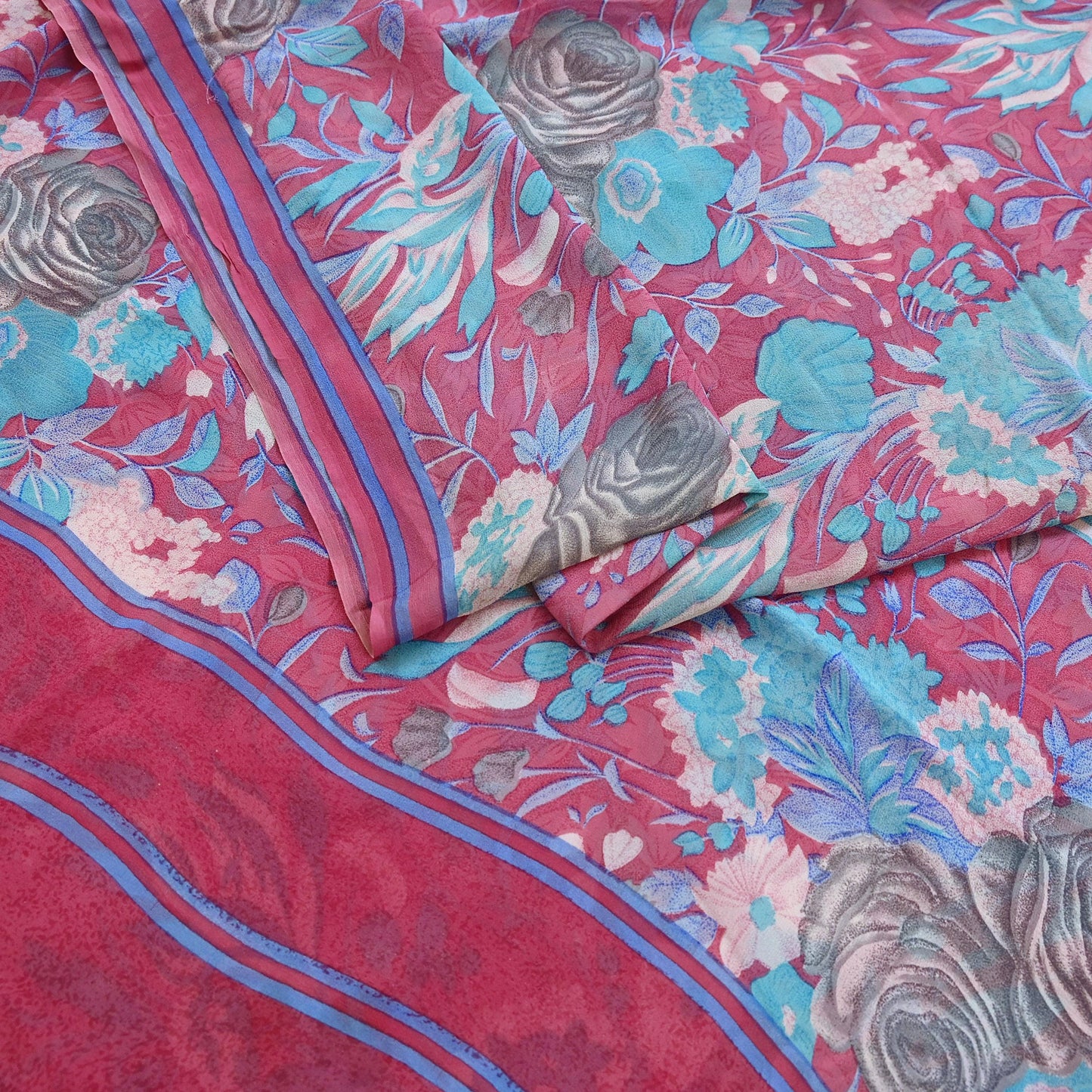 Indian Vintage Sari Pink Pure Georgette Silk Printed Saree Craft Fabric Sewing 6Yd Soft Light Dress Making Crafting Quilting Upcycle