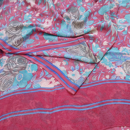 Indian Vintage Sari Pink Pure Georgette Silk Printed Saree Craft Fabric Sewing 6Yd Soft Light Dress Making Crafting Quilting Upcycle