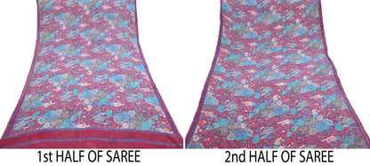 Indian Vintage Sari Pink Pure Georgette Silk Printed Saree Craft Fabric Sewing 6Yd Soft Light Dress Making Crafting Quilting Upcycle