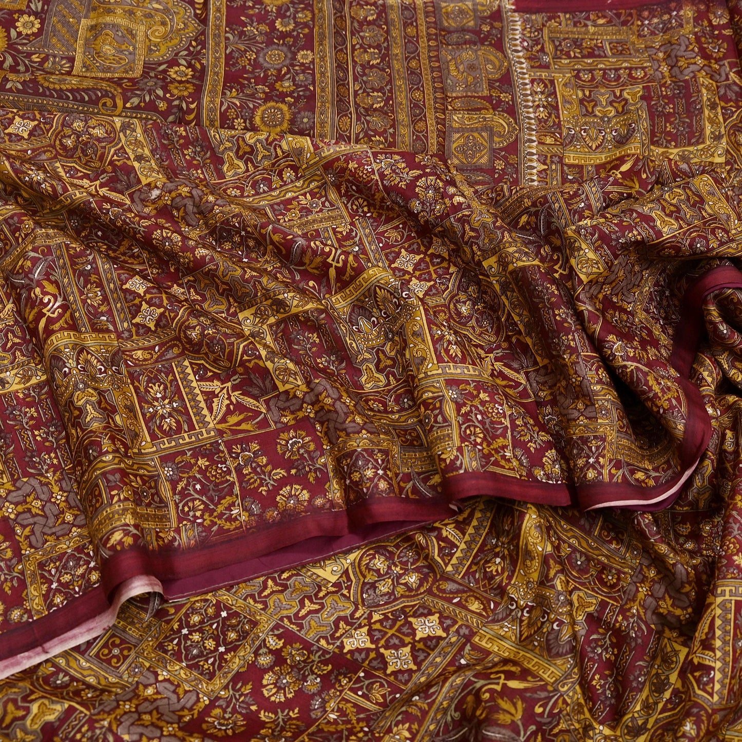Indian Vintage Sari Maroon 100% Pure Silk Printed Sarees 6yd Craft Fabric Sewing Soft Dress Making Floral Quilting Crafting Upcycle Used