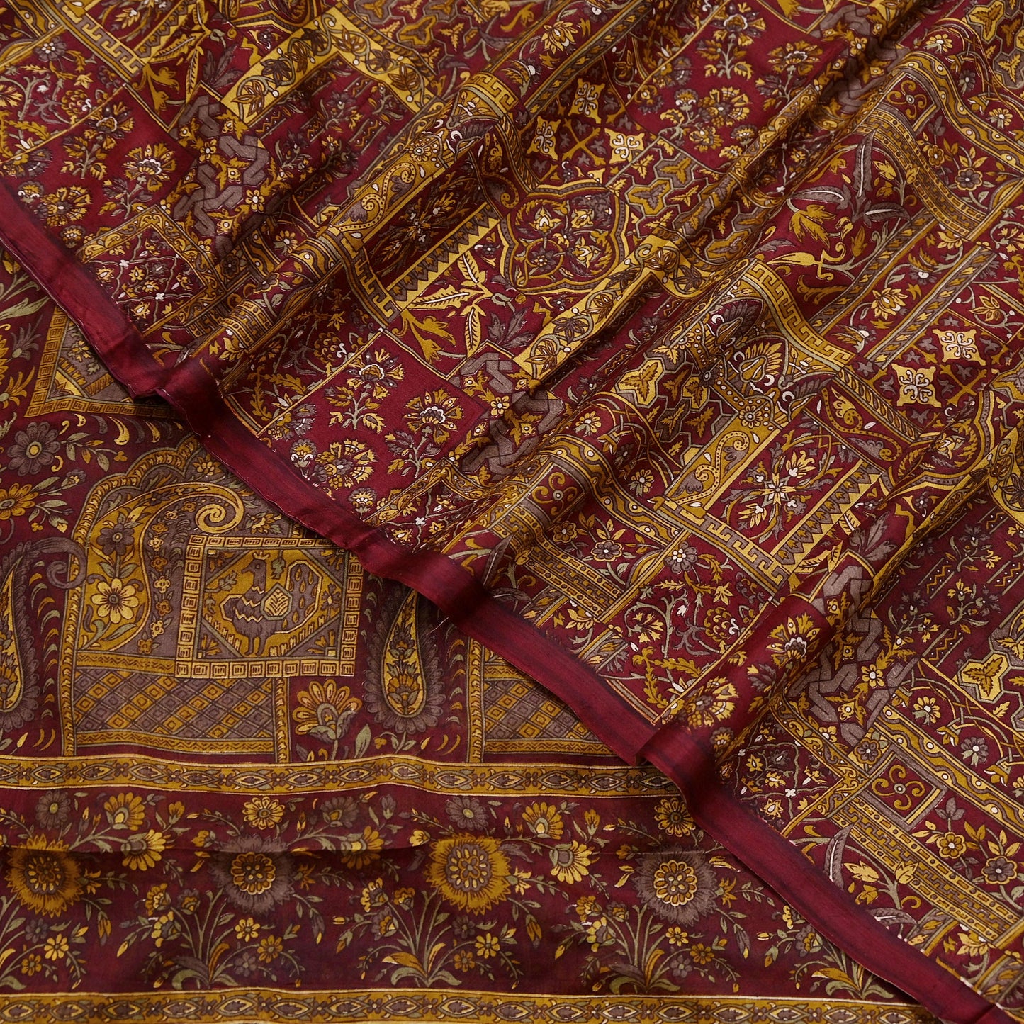 Indian Vintage Sari Maroon 100% Pure Silk Printed Sarees 6yd Craft Fabric Sewing Soft Dress Making Floral Quilting Crafting Upcycle Used