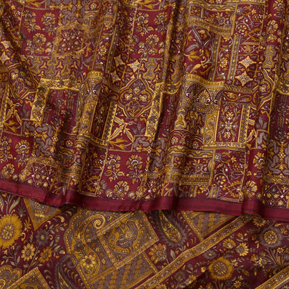 Indian Vintage Sari Maroon 100% Pure Silk Printed Sarees 6yd Craft Fabric Sewing Soft Dress Making Floral Quilting Crafting Upcycle Used