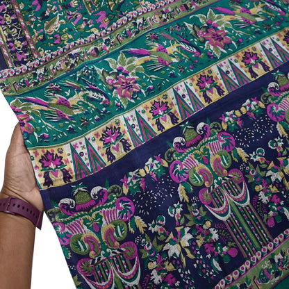 Indian Vintage Sari Green & Blue 100% Pure Silk Printed Sarees 6yd Sewing Craft Fabric Dress Making Soft Wrap Crafting Quilting Upcycle