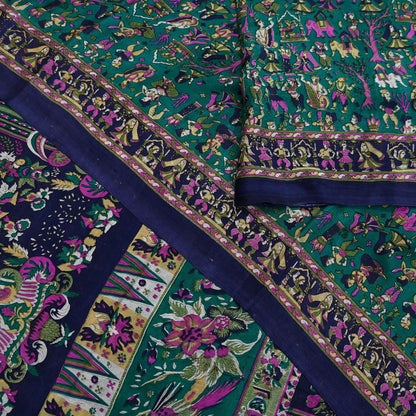 Indian Vintage Sari Green & Blue 100% Pure Silk Printed Sarees 6yd Sewing Craft Fabric Dress Making Soft Wrap Crafting Quilting Upcycle