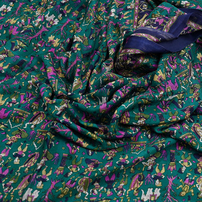 Indian Vintage Sari Green & Blue 100% Pure Silk Printed Sarees 6yd Sewing Craft Fabric Dress Making Soft Wrap Crafting Quilting Upcycle